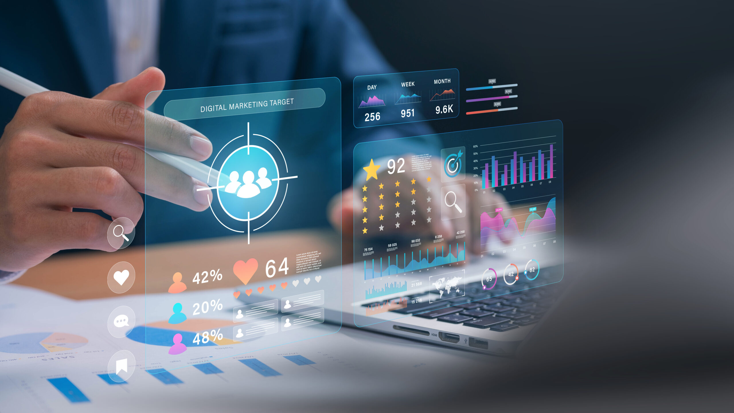 Digital marketing and audience customer targeting insight concept. businessman analyzing social media strategy, online advertising, customer engagement, and conversion rates.